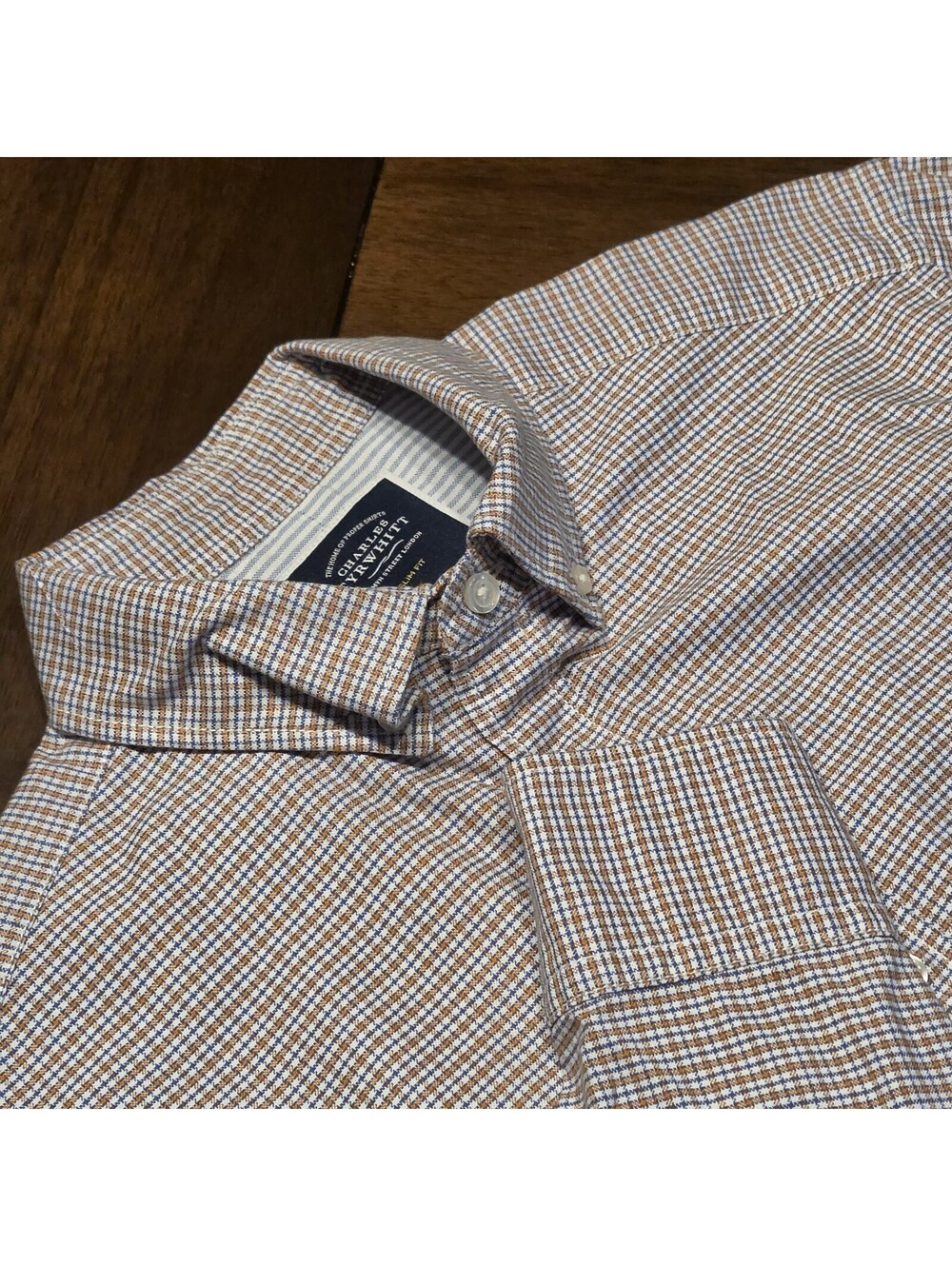 Charles Tyrwhitt Shirt Mens M Slim Fit Orange Blue Plaid Button Down Casual